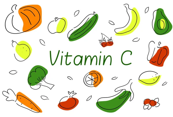 Conjunto Dibujado Mano Frutas Verduras Con Vitamina Ilustración Vectorial Con — Vector de stock