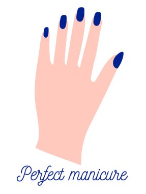 Mavi manikürlü taşıyıcı el. Etiketler, mağaza reklamları, salonlar, afişler için metin içeren vektör illüstrasyonu