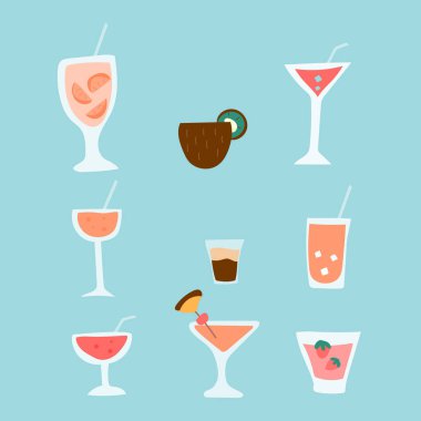 Tropik kokteyl seti. Çubuklar, grafik tasarımı, mağaza reklamları, afişler, davetiyeler, baskılar için düz biçimli illüstrasyon