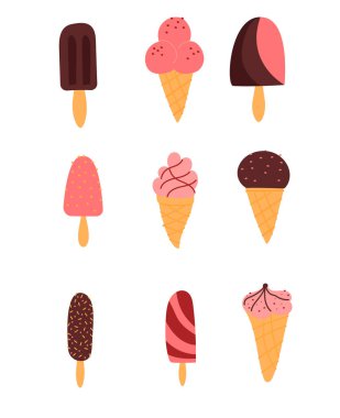 Beyaz arka planda 9 lezzetli dondurma seti. Kafeler, menüler, paketler, baskılar, grafik tasarımı vesaire için