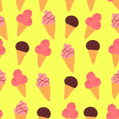 Sarı zemin üzerinde dondurma olan kusursuz vektör deseni. Menü, kıyafet, tekstil için.