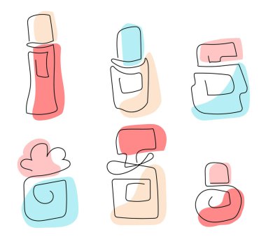 Pastel renkte parfüm şişeleri. Afişler, mağaza satışları, baskılar, posterler için satır çizgisi çizimi