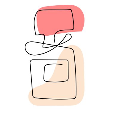 Beyaz arka planda pastel renkli bir şişe parfüm. Afişler, mağaza satışları, baskılar, posterler için satır çizgisi çizimi