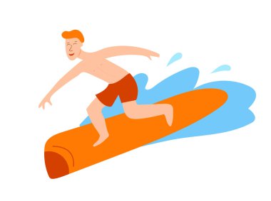 Dalgalarda sörf yapan bir çocuk. Dekorasyon, grafik tasarımı, spor dergileri, afişler, el ilanları, web siteleri için vektör illüstrasyonu