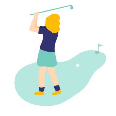 Golf sahasında golf oynayan bir kız. Afişler, el ilanları, kapaklar, dergiler için vektör illüstrasyonu