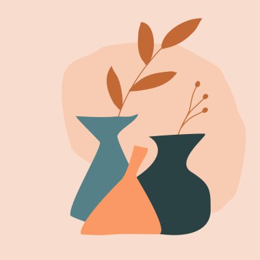 Bitkilerle dolu vazo. Posterler ve bitkiler için soyut vektör çizimi