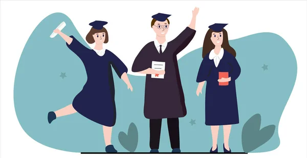 Sonriente Graduado Tres Estudiantes Felices — Vector de stock