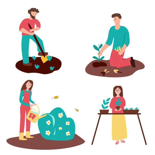 Conjunto Jardineros Hombre Con Pala Hombre Plantando Árboles Mujer Regando — Vector de stock