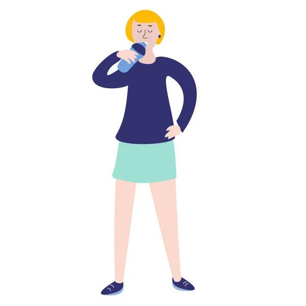 Vector Illustratie Cartoon Van Meisje Drinkwater Uit Fles Voor Banners — Stockvector