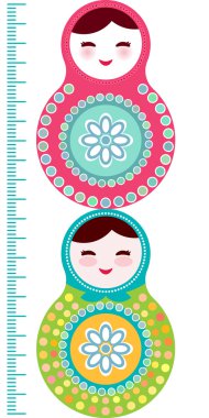 Beyaz arka planda, pembe ve mavi matryoshka Rus bebek çocuk yükseklik ölçer duvar sticker, çocuklar ölçü, büyüme grafik renkleri. Vektör
