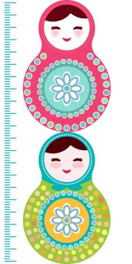Russian dolls matryoshka on white background, pink and blue colors Children height meter wall sticker, kids measure, Growth Chart. Vector