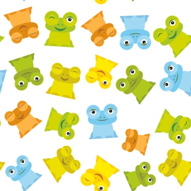 Cute Cartoon funny frog set yellow green blue orange on white background, seamless pattern. Vector