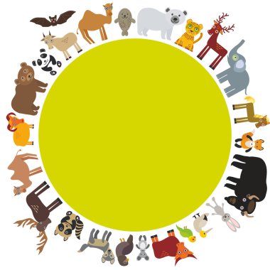 round frame. animal card template. bison bat fox wolf elk horse camel partridge fur seal Walrus goats Polar bear Eagle bull raccoon panda leopard Brown bear deer gannet elephant. Vector