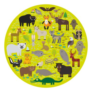 bison bat manatee fox elk horse wolf partridge fur seal Polar bear Pit viper snake Mountain goat raccoon Eagle skunk parakeet Jaguar hare narwhal elk Grizzly gannet Muskox turtle alligator. Vector