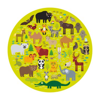 Eurasia animal bison bat fox wolf elk horse cock camel partridge fur seal Walrus goats Polar bear Eagle bull raccoon snake sheep panda leopard Brown bear deer gannet Crocodile turtle elephant. Vector 