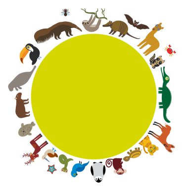 Round frame. Sloth anteater toucan lama bat seal armadillo boa manatee monkey dolphin Maned wolf raccoon jaguar Hyacinth macaw lizard turtle crocodile deer penguin Blue-footed booby Capybara. Vector