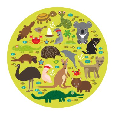 Animals Australia. Echidna Platypus ostrich Emu Tasmanian devil Cockatoo parrot Wombat snake turtle crocodile kangaroo dingo octopus fish. Vector