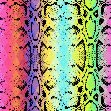 Snake skin texture  with colored rhombus. Geometric background. Seamless pattern black rainbow blue green purple pink yellow background, colorful psychedelic geometric mosaic ornament triangle. Vector clipart