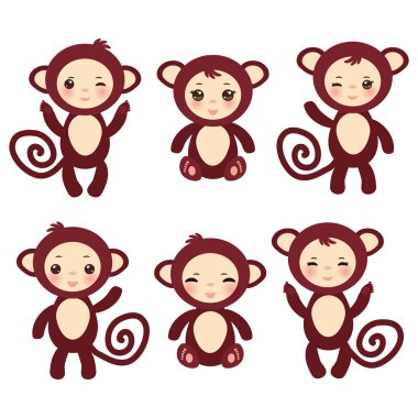 Beyaz arka plan üzerinde komik kahverengi maymun erkek ve kız seti. Vektör