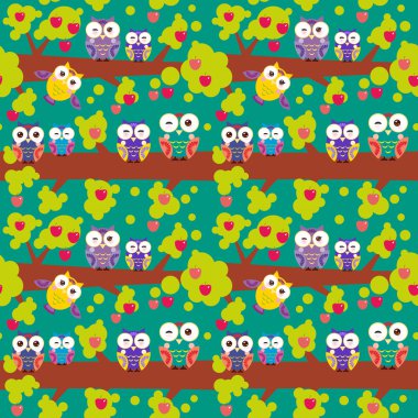 seamless modeli ile koyu yeşil zemin üzerine kırmızı elma ağacının dalını parlak renkli baykuş ayarlayın. Vektör