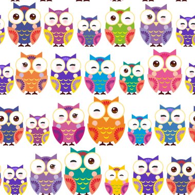 Dikişsiz desen - beyaz arka plan üzerinde parlak renkli baykuş. Vektör