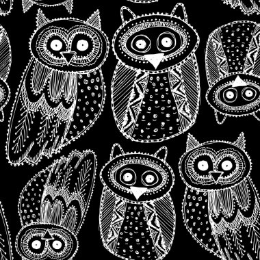 Dekoratif el dravn şirin baykuş kroki Doodle beyaz anahat siyah arka plan seamless modeli üzerinde. Vektör