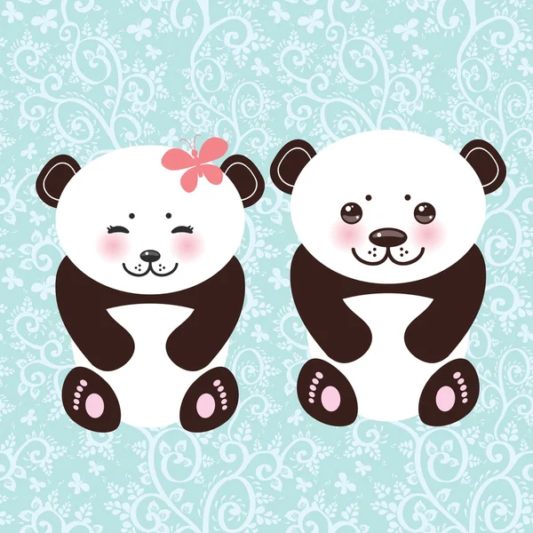 Ragazza e ragazzo Kawaii divertente muso bianco panda con guance rosa e grandi occhi neri. Vettore — Vettoriale Stock