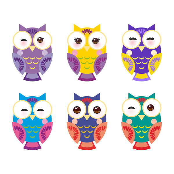 set bright colorful owls on white background. Vector