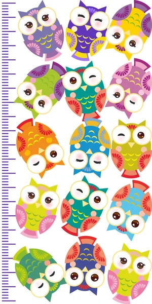 Hibou coloré enfants hauteur mètre mur autocollant, les enfants mesurent, Croissance graphique. Vecteur — Image vectorielle