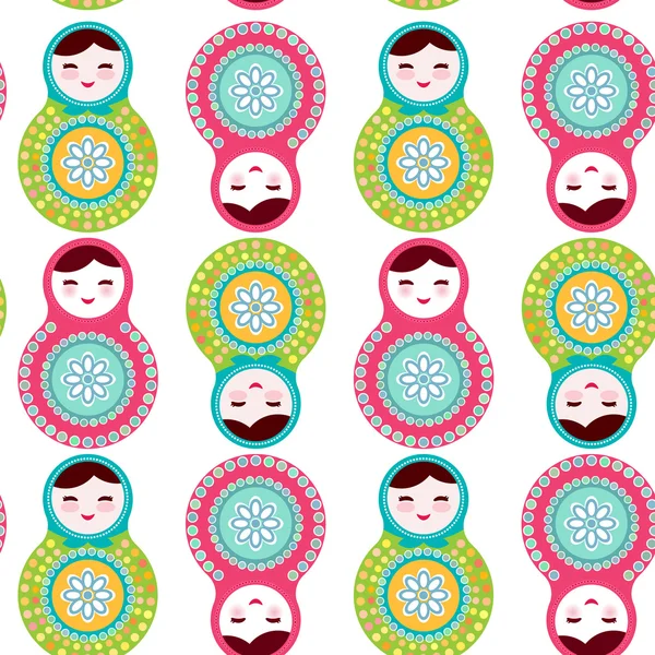 Muñecas rusas matryoshka sobre fondo blanco, patrón sin costuras, colores rosa y azul. Vector — Archivo Imágenes Vectoriales