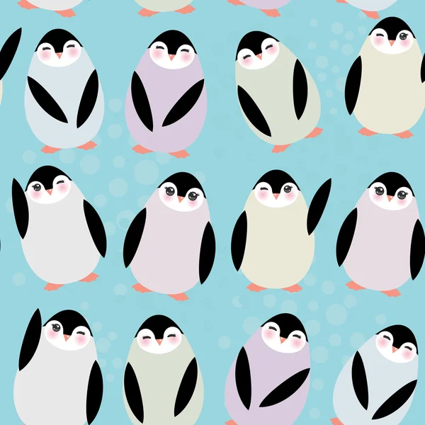 Divertidos pingüinos sobre fondo azul patrón sin costuras. vector — Archivo Imágenes Vectoriales