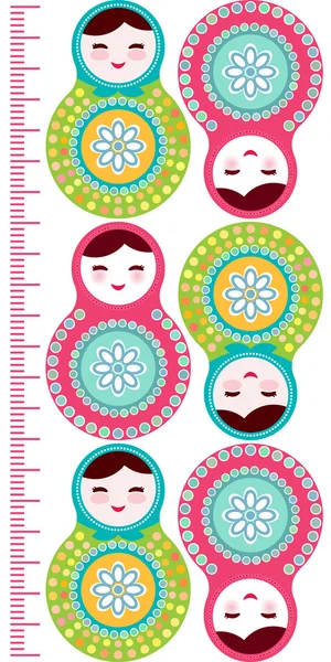 Russische poppetjes matryoshka op witte achtergrond, roze en blauwe kleuren kinderen hoogte meter muur sticker, kinderen maatregel, groeimeter. Vector — Stockvector