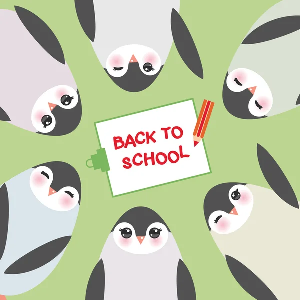 Prancheta com lápis, de volta à escola, Pinguins engraçados no modelo de cartão de fundo verde. Vetor — Vetor de Stock