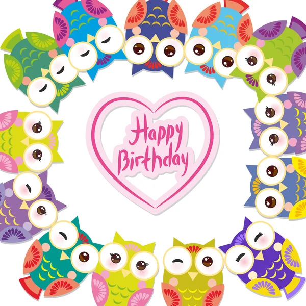 Happy birthday, Funny colorful owls on white background card template. Вектор — стоковый вектор