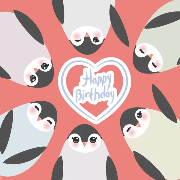 Happy birthday, Funny penguins on pink background card template. Вектор — стоковый вектор