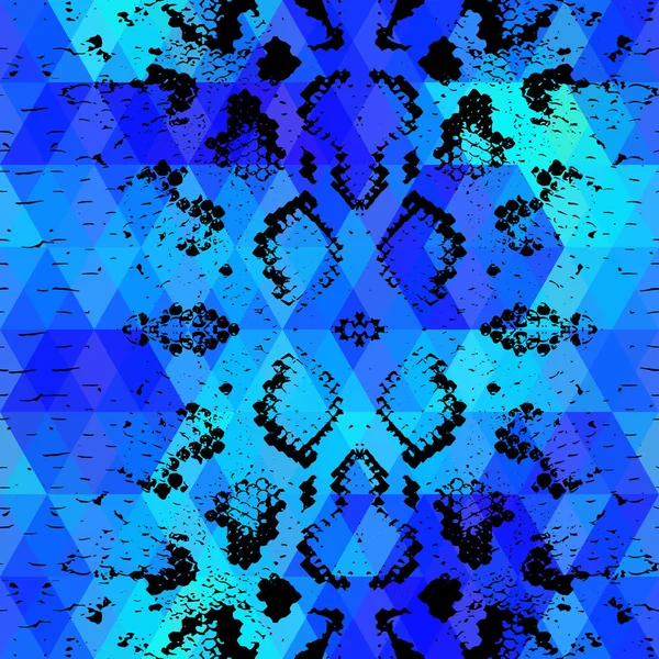 Textura de pele de cobra com losango colorido. Fundo geométrico. Padrão sem costura fundo azul preto, colorido psicodélico triângulo ornamento mosaico geométrico. Vetor — Vetor de Stock
