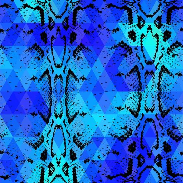 Snake huid textuur met gekleurde ruit. Geometrische achtergrond. Naadloze pattern zwart blauwe achtergrond, kleurrijke psychedelische geometrische mozaïek sieraad driehoek. Vector — Stockvector