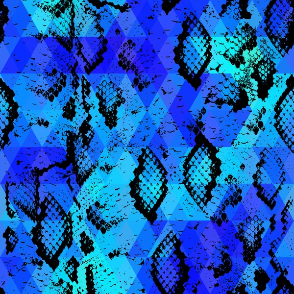 뱀 피부 색깔된 마름모와 텍스처. 기하학적 배경입니다. 원활한 패턴 블랙 블루 배경, 화려한 환각 기하학적 모자이크 장식 삼각형. 벡터 — 스톡 벡터