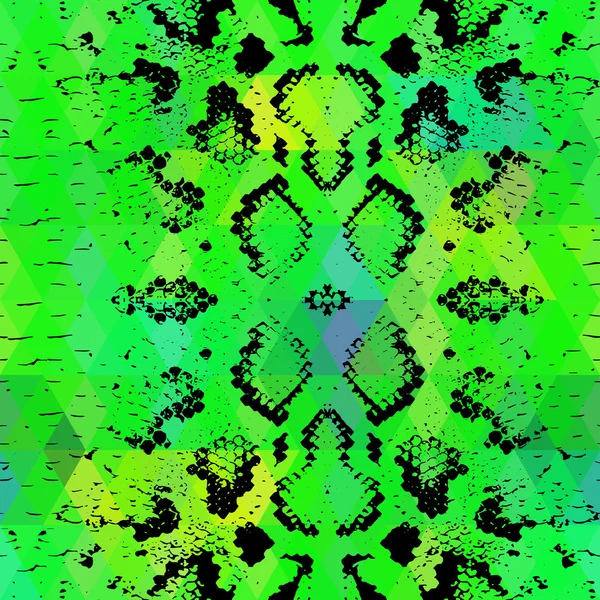 Snake huid textuur met gekleurde ruit. Geometrische achtergrond. Naadloze pattern zwart groene achtergrond, kleurrijke psychedelische geometrische mozaïek sieraad driehoek. Vector — Stockvector