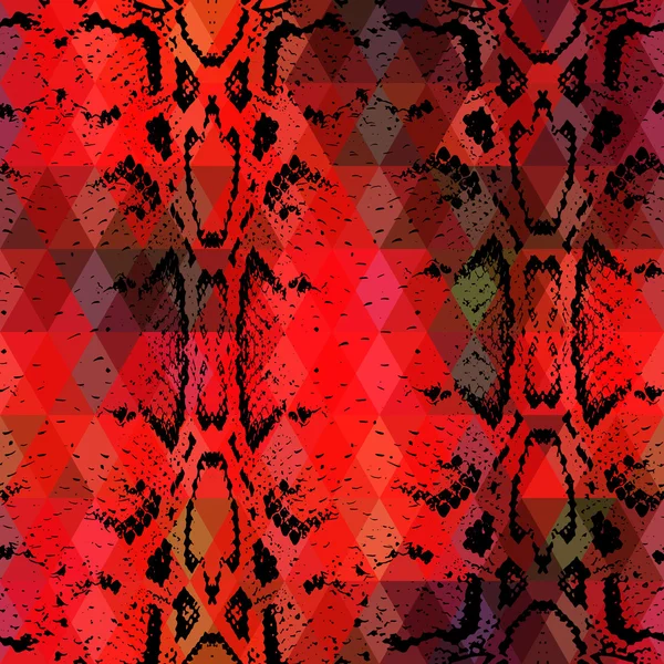 Textura de pele de cobra com losango colorido. Fundo geométrico. Padrão sem costura fundo vermelho preto, colorido psicodélico triângulo ornamento mosaico geométrico. Vetor — Vetor de Stock