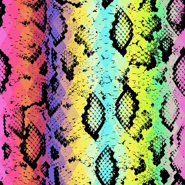 Texture de peau de serpent avec losange coloré. Fond géométrique. Modèle sans couture noir arc-en-ciel bleu vert pourpre rose fond jaune, coloré psychédélique géométrique mosaïque ornement triangle. Vecteur — Image vectorielle