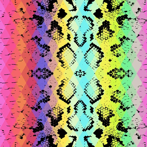 Yılan dokulu renkli rhombus ve deri. Geometrik arka plan. Dikişsiz desen siyah gökkuşağının mavi yeşil mor pembe sarı renkli, renkli psychedelic geometrik mozaik süsleme üçgen. Vektör