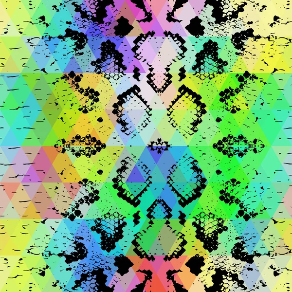 Orm hud textur med färgade rhombus. Geometrisk bakgrund. Sömlös svart regnbåge grön lila blå gul bakgrund, färgglada psykedeliska geometriska mosaik prydnad triangel. Vektor — Stock vektor