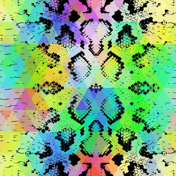 Texture de peau de serpent avec losange coloré. Fond géométrique. Modèle sans couture noir arc-en-ciel vert pourpre bleu fond jaune, coloré psychédélique géométrique mosaïque ornement triangle. Vecteur — Image vectorielle