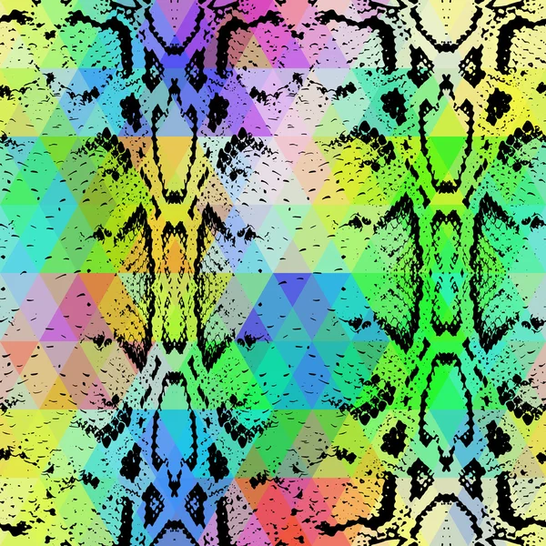 Schlangenhaut-Textur mit farbigen Rauten. geometrischer Hintergrund. nahtlose Muster schwarz Regenbogen grün lila blau gelb Hintergrund, bunte psychedelische geometrische Mosaik-Ornament-Dreieck. Vektor — Stockvektor