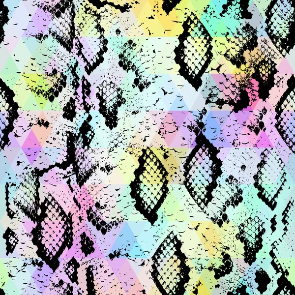 Snake huid textuur met gekleurde ruit. Geometrische achtergrond. Naadloze pattern zwart groen paars blauw gele achtergrond, kleurrijke psychedelische geometrische mozaïek sieraad driehoek. Vector — Stockvector