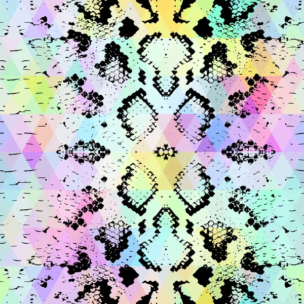 蛇皮色の菱形のテクスチャです。幾何学的な背景。シームレス パターン黒虹緑紫青黄色の背景でカラフルなサイケデリックな幾何学的なモザイク飾り三角形。ベクトル — ストックベクタ