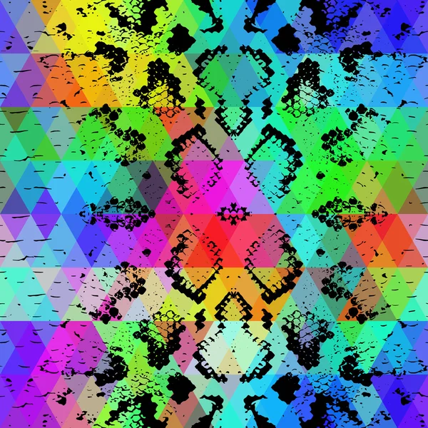 Orm hud textur med färgade rhombus. Geometrisk bakgrund. Sömlös svart regnbåge grön lila blå gul bakgrund, färgglada psykedeliska geometriska mosaik prydnad triangel. Vektor — Stock vektor