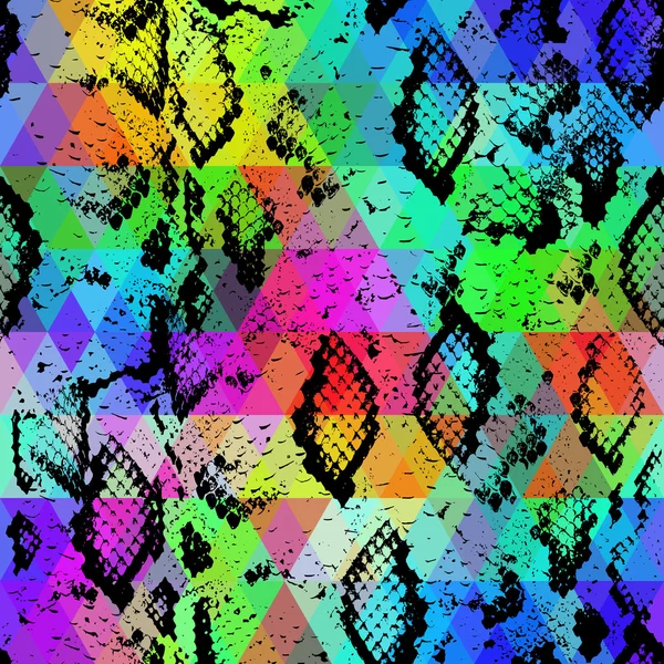 蛇皮色の菱形のテクスチャです。幾何学的な背景。シームレス パターン黒虹緑紫青黄色の背景でカラフルなサイケデリックな幾何学的なモザイク飾り三角形。ベクトル — ストックベクタ