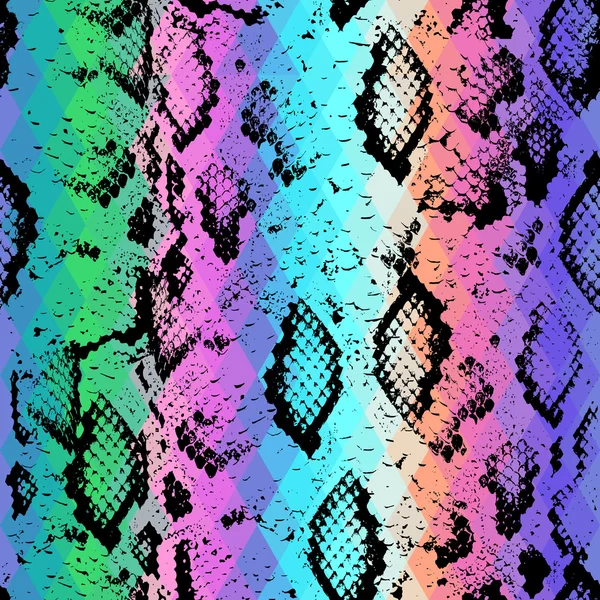 Yılan dokulu renkli rhombus ve deri. Geometrik arka plan. Dikişsiz desen siyah gökkuşağı yeşil mor mavi sarı renkli, renkli psychedelic geometrik mozaik süsleme üçgen. Vektör